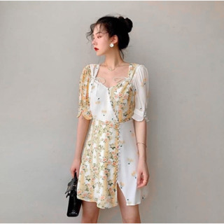 Yellow Flower Dress พร้อมส่ง เดรสลายดอกไม้ แขนตุ๊กตา จับจีบที่แขน ผ่าข้างเล็กน้อย โทนสีเหลือง เดรสลายดอกไม้ งานป้ายbeidi