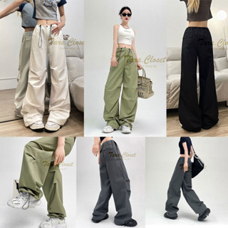 KEL005 TARA Long pants กางเกงคาร์โก้ เอวสูง มีเชือกผูก ปรับได้ มีกระเป๋า เนื้อผ้าโพลีเอสเตอร์ ทรงสวย ใส่สบาย Y2K