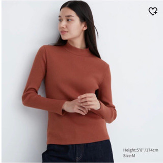 แท้ 💯% Uniqlo เสื้อยืด คอสูง แขนยาว ผ้าลายนูน (Ribbed) (หญิง)