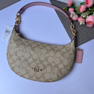 (ผ่แน0%) กระเป๋าสะพายไหล่ COACH CE620 PAYTON HOBO IN SIGNATURE CANVAS 10 นิ้ว ลายซีสีครีม สายสะพายสีชมพู