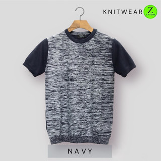 Knitwear ZASUM เสื้อแขนสั้นคอกลมทูโทน สีกรม Smart casual ถักทอด้วย Cotton100%