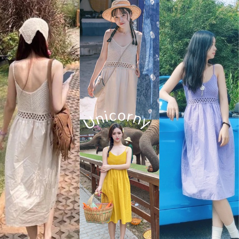 [ เดรสสายเดี่ยวสั้น ] ถักอก ต่อกระโปรง มีหลายสี ใส่สบายชิคๆ minidress bohemian Unicorny