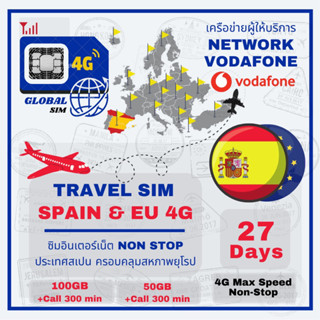 Spain SIM ซิมสเปนและสหภาพยุโรป 27Day 4G Max speed non-stop