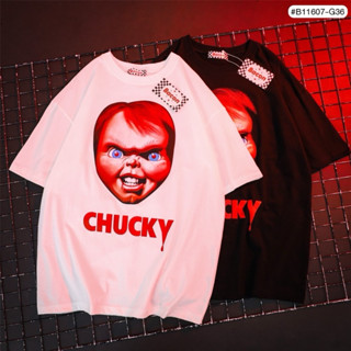 🌟STF_SHOP🌟เสื้อยืดโอเวอร์ไซ คอกลม ลาย CHUCKY งานดำ-ขาว รอบอก46 ยาว 28 ผ้าCotton