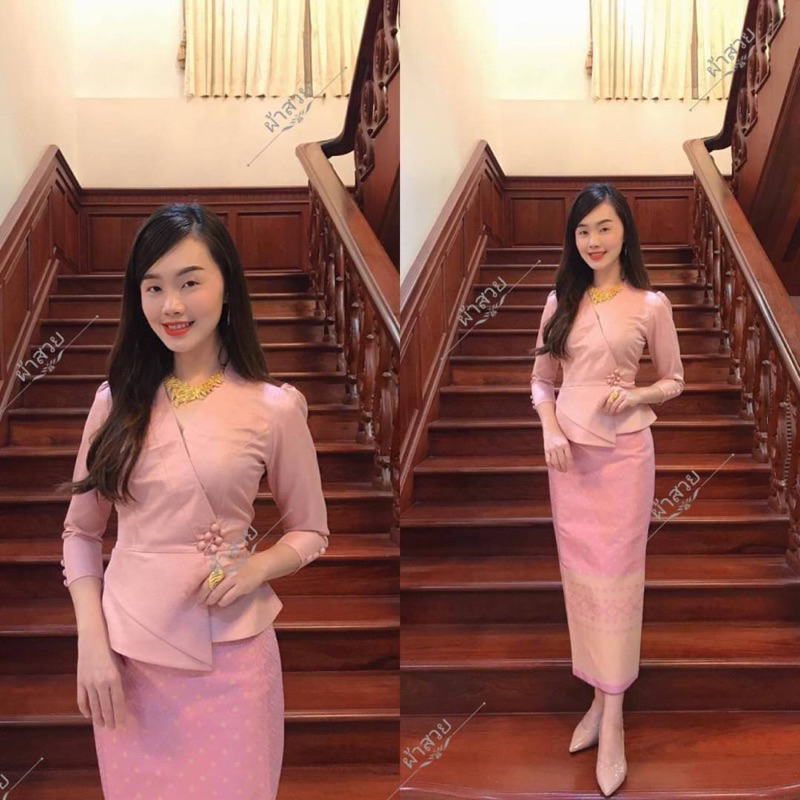 เสื้อผ้าไหมอัดผ้ากาว ทรงป้ายแต่งชายระบาย (เฉพาะเสื้อ)ข