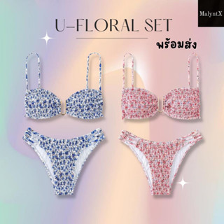 🌸NEW🌸 U-Floral bikini บิกินี่พิมพ์ลายดอกไม้ แต่งอะไหล่ ผ้าย่น ผ้าสม็อค ผูกหลัง XS-L