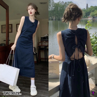 J19029 แม็กซี่เดรส ยีนส์ยาว แขนกุด คอกลม Long denim maxi dress, sleeveless, round neck.