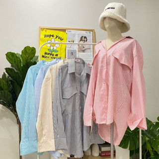 Oversize shirt เสื้อเชิ้ตลายริ้ว กระเป๋า 2 ข้าง