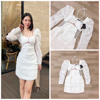 Code : M9 Stylista Dress ชุดเดรสสั้นแขนยาวแต่งสายคล้องคอช่วงเอวแต่งซีทรู สำหรับผู้หญิง ไซส์ Xs-L