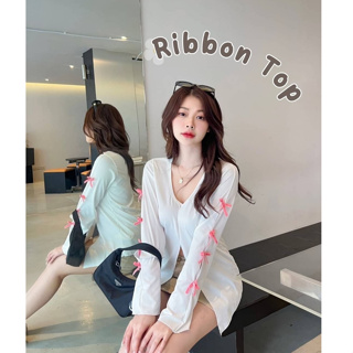 -Ribbon top-เสื้อแขนยาวโบว์ชมพู เสื้อครอปเวียดนาม สไตล์เวียดนามน่ารักๆ ป้าย Sheeny.