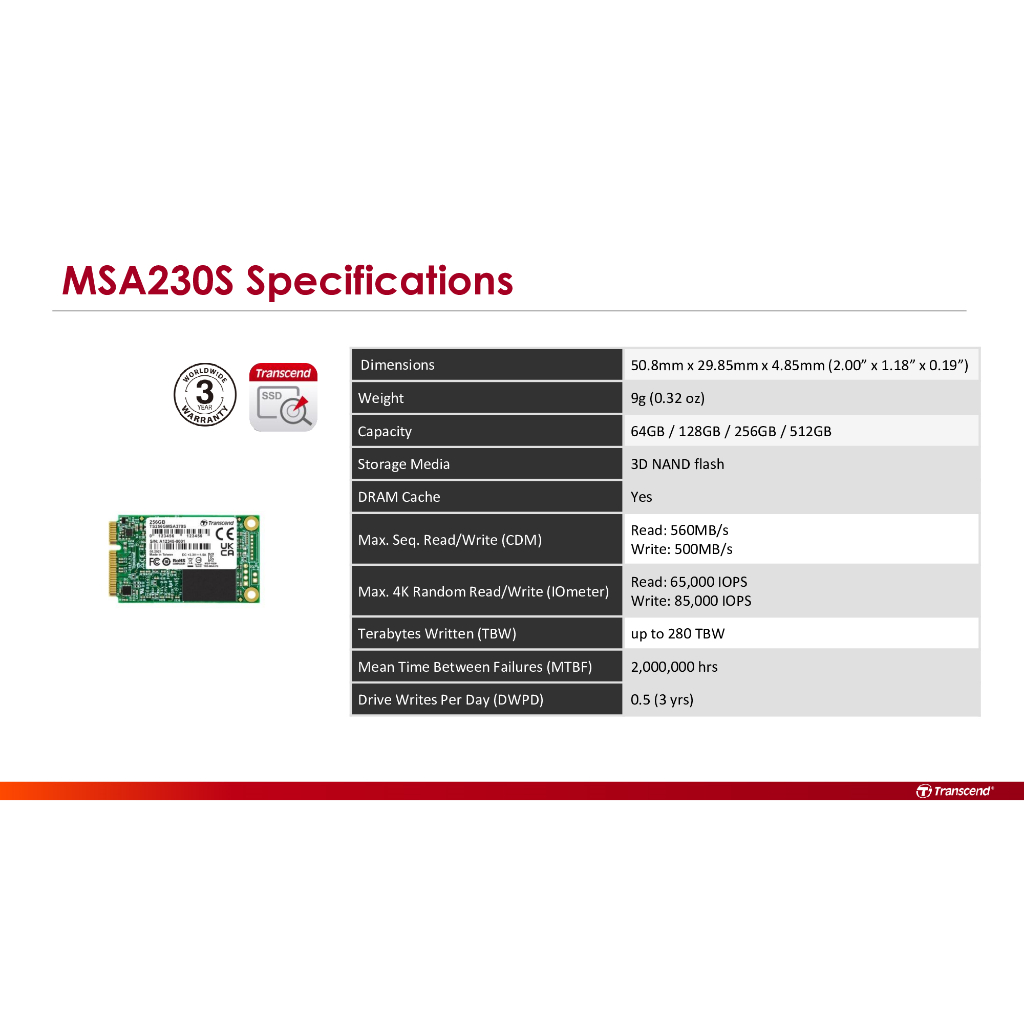 Transcend mSATA SSD 230S : 512 GB :MSA230S(R max 560 MB/s / W max 500 MB/s)  รับประกัน 3 ปี -มีใบกำกับภาษี-TS512GMSA230S