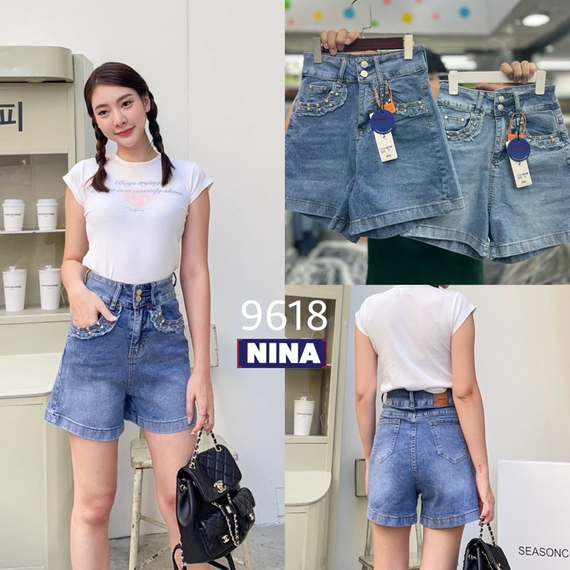 NN-ST #9618 กางเกงยีนส์ขาสั้น ผ้ายืดเยอะ เอวสูง เก็บทรง ดีเทลแต่งมุดที่กระเป๋า