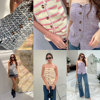 เสื้อเกาะอกผ้าทวีตแต่งกระดุมกระ ซิปปลดล็อคด้านข้าง ด้านหลังดึงยางเส้นเล็กๆน่ารักมาก ยืดหยุ่นตามตัว