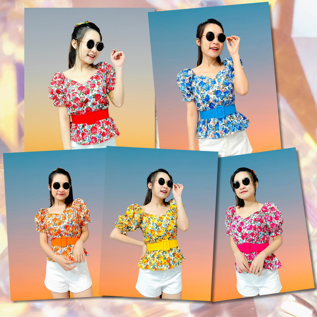 พรีออเดอร์2 วันจัดส่ง เสื้อลายดอก เสื้อทองกวาว แขนตุ๊กตา สม๊อคหลัง รุ่นดอกเล็ก