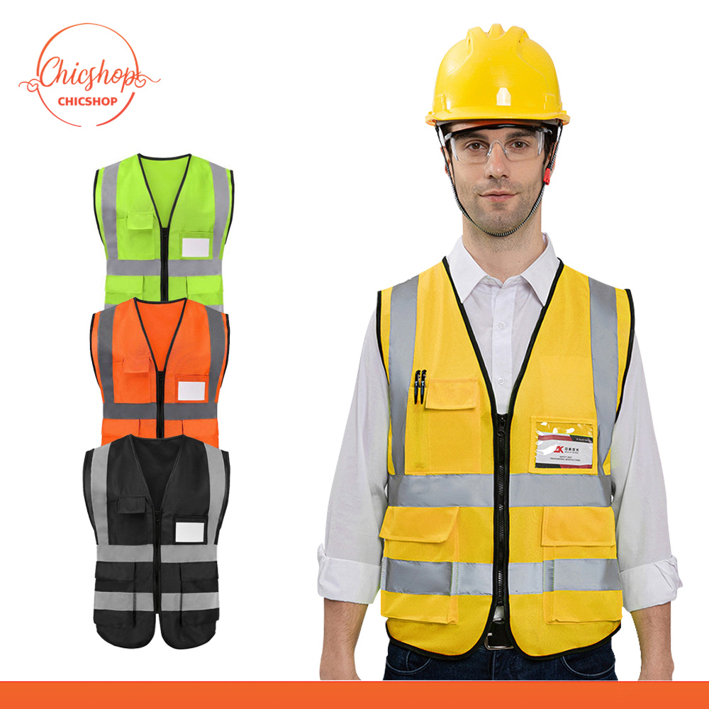 chishop เสื้อจราจรสะท้อนแสง 4กระเป๋ามีซิป เสื้อPVC กลางคืนมองเห็นได้ในระยะไกล