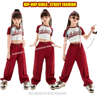 (พร้อมส่งในไทย)  ชุดเซ็ต Hiphop &amp; Jazz dance , Street fashion    Set2ชิ้น  &gt; เสื้อครอป+กางเกงคาร์โก้สีไวน์แดง