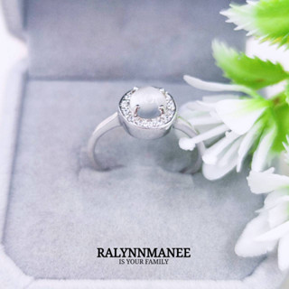 R6421 แหวนพลอยมูนสโตนแท้ ( Moonstone ) ตัวเรือนเงินแท้925 ชุบทองคำขาว มีไซส์ 55 แก้ไซส์ฟรี