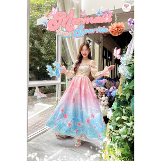 Mermaid  Sparkle Dress เดรสยาวพิมพ์ลายเมอร์เมด  เดรสยาวสายเดี่ยวเเขนยาว เเต่งระบาย