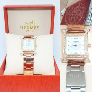 *Hermes Paris นาฬิกาผู้หญิง กันน้ำ สายเหล็ก นาฬิกาข้อมือแบรนเนม นาฬิกาข้อมือผู้หญิง สีโรสโกลด์ ล้อมเพชร พร้อมกล่อง RC881