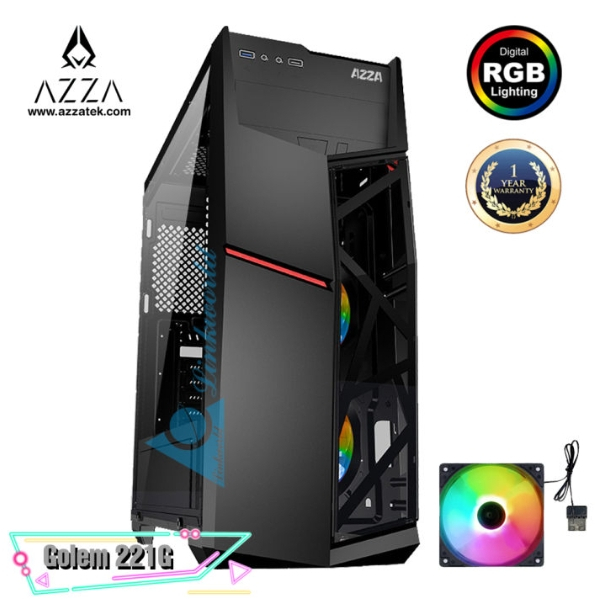 AZZA Mid Tower Gaming Tempered Glass Computer Case Golem 221G – Black สินค้ารับประกัน 1 ปี