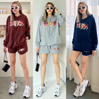 Yunaka ชุดเซ็ต 2 ชิ้น สาวมินิ เซทเสื้อแขนยาว ฮู้ดรูดได้จริง อก 50”-58” Sweater Set กางเกงขาสั้น เอว 24”-40”