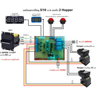 บอร์ดควบคุมเครื่องแลกเหรียญ 2 แบบ เหรียญ 5 และ 10 บาท รองรับ 2 Hopper