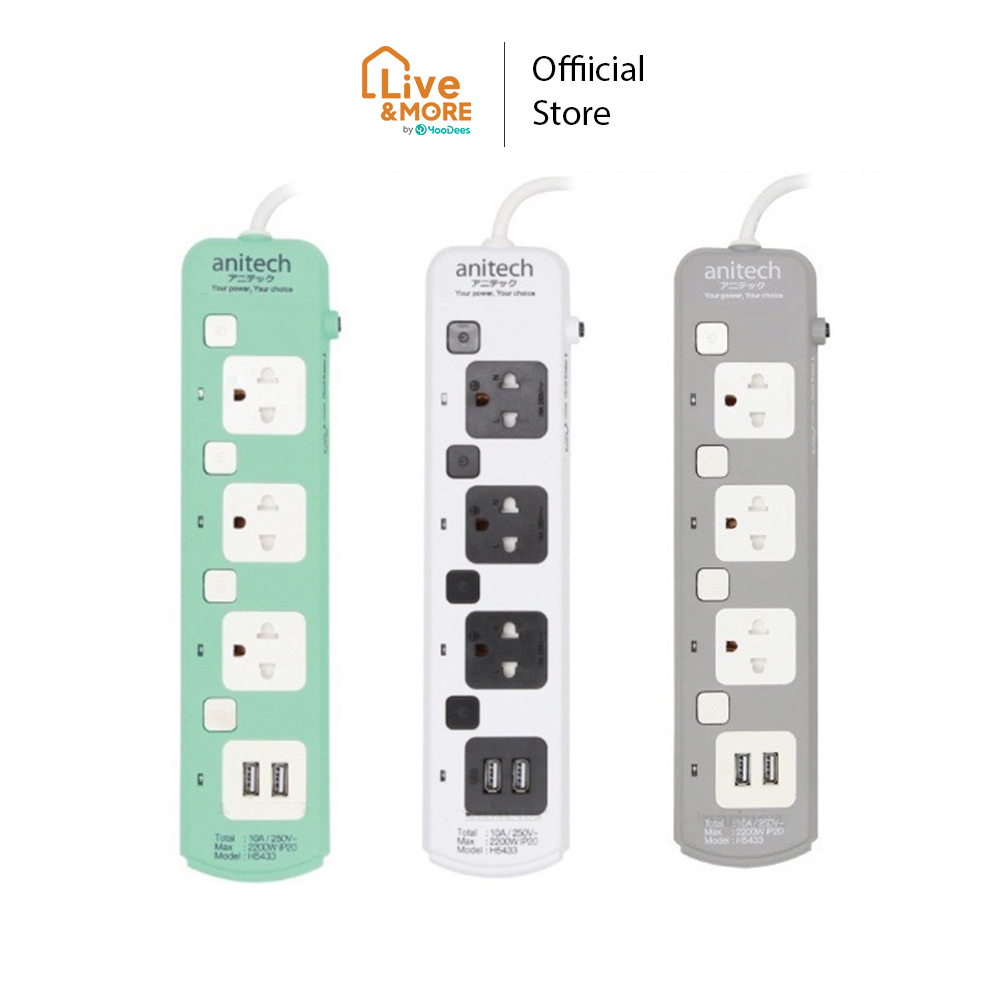 [ส่งไว ประกันศูนย์] Anitech แอนิเทค ปลั๊กไฟ มอก. รุ่น H5433 สายยาว 3 เมตร มีให้เลือก 3 สี