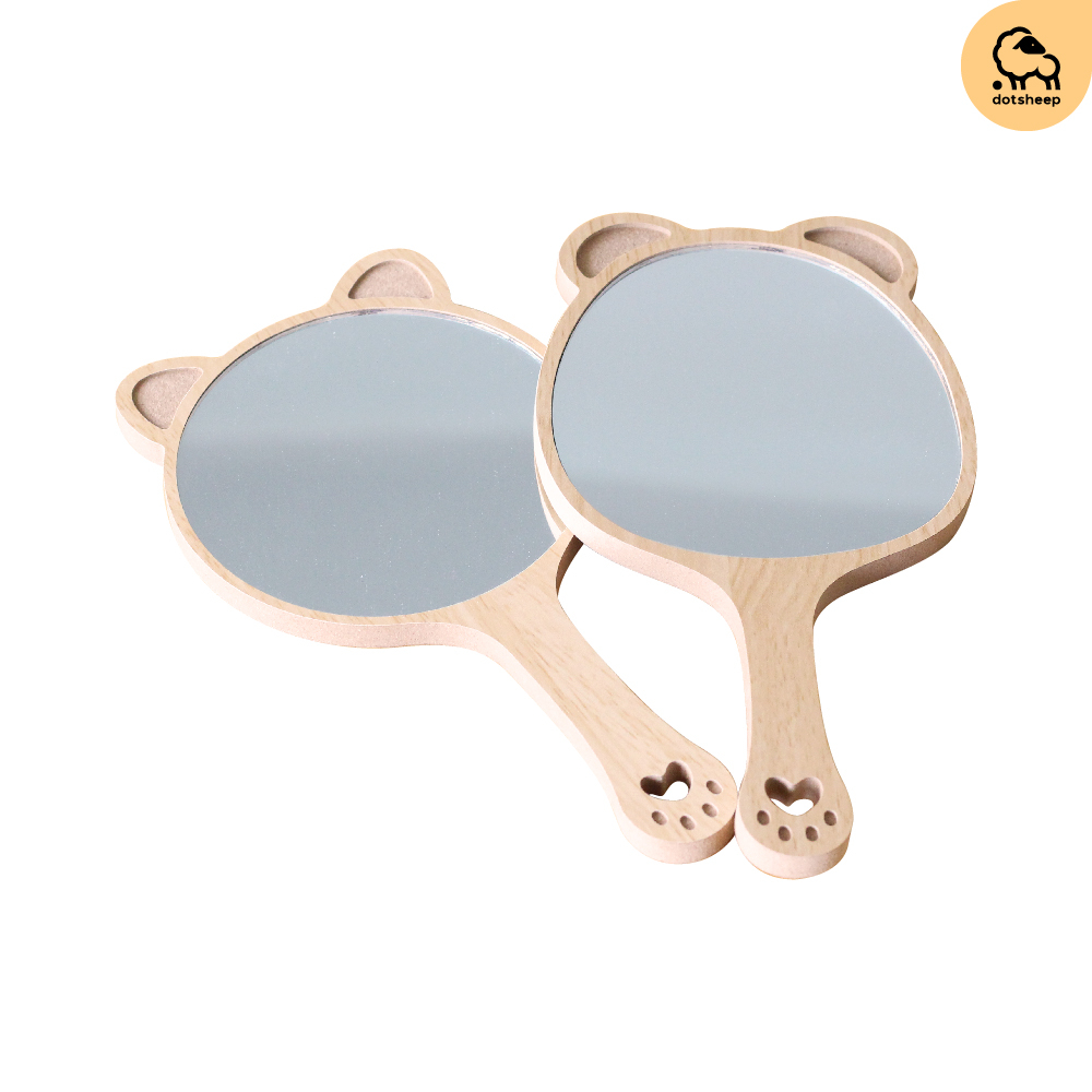 Dotsheep กระจกพกพา กระจกแต่งหน้าไม้ MDF กระจกมีด้ามจับทรงหมีกับทรงแมว แบบมินิมอล