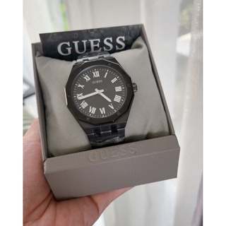 🥳⌚นาฬิกาข้อมือชาย สีดำ หน้าขาว⌚🥳New Guess ผช. ตัวเรือนและสายสเตนเลสสีดำ ตัวเลขโรมัน