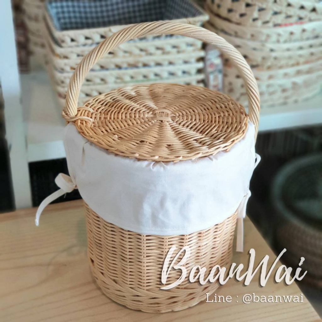 Baanwai-ตะกร้าหวาย ฝาปิด + บุผ้า