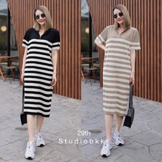 🌈🌿🌼🌺🌸🤎🧡🇰🇷 Knit Stripe Zip Short Sleeve Maxi Dress