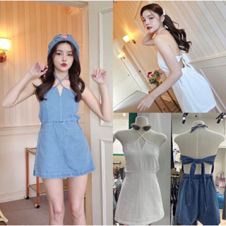 Nudeaholic 💚💙 1006 Dress&amp;jump denim เดรสยีนส์ผูกหลังงานน่ารักมาก ตรงคอผูกได้2แบบใส่ง่าย