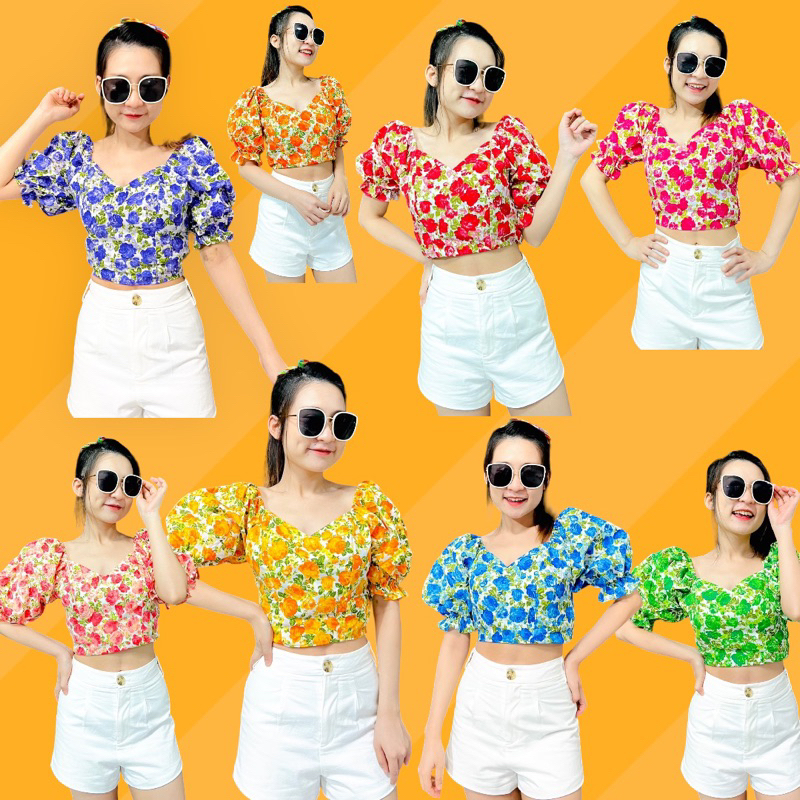 เสื้อครอป ลายดอก รุ่นพาสเทล แขนตุ๊กตา Freesize **เฉพาะสื้อเท่านั้น