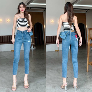 YME jeans กางเกงยีนส์ทรงเดฟสกินนี่เข้ารูปผ้ายืดสียีนส์ฟอกอ่อนปลายขาตัด #2217 jeansdede