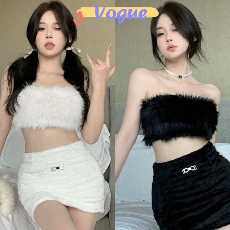 Vogue🌟พร้อมส่ง🌟 เสื้อเกาะอก ขนมุ้งมิ้ง สีขาวดำเซ็กซี่เบาๆ (M2128) -C