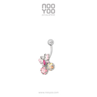 NooYoo จิวสะดือสำหรับผิวแพ้ง่าย Pink Butterfly Enamel with CZ Banana Surgical Steel