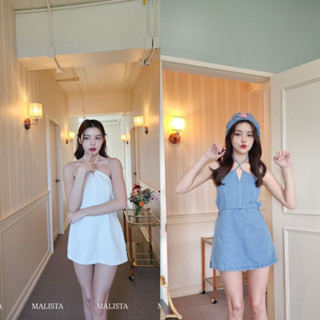 : MALISTA  Denim Dressเดรสรุ่นใหม่ ผ้ายีนส์ฟอกผูกคอ ผูกหลัง ด้านในยังมีซับกางเกงให้