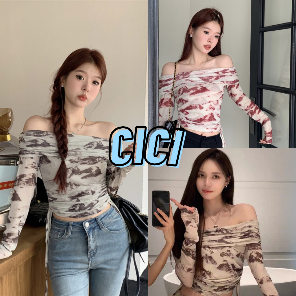 Cici(NO.J786)เสื้อเปิดไหล่แขนยาวซีทรู ลายมัดย้อม ดีเทลรูดเชือกด้านข้าง จับแมทซ์ได้ง่าย