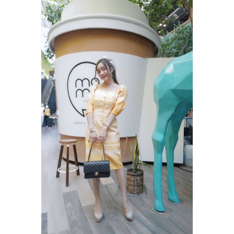 เดรสสั้นสีเหลือง พิมพ์ลายผ้าไทย XL ป้าย Love Lady