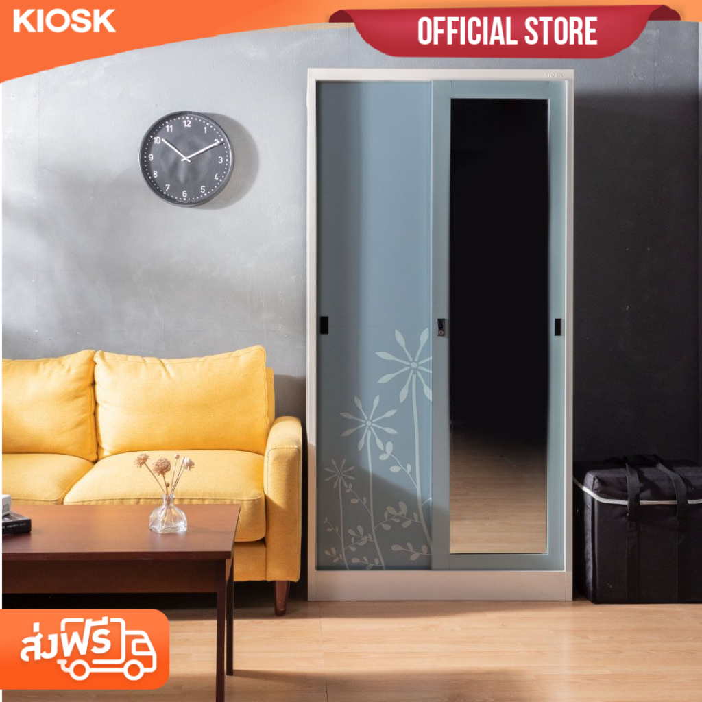 [จัดส่งพร้อมติดตั้งฟรี] KIOSK ตู้เสื้อผ้ารุ่นIXYmild บานเลื่อน-กราฟฟิค W91.5 x D56 x H183