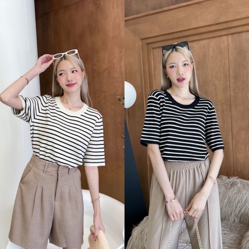 [ A61 ] WARA เสื้อคอกลมแขนสั้นไหมพรมหน้าร้อน เนื้อนิ่มลายริ้ว