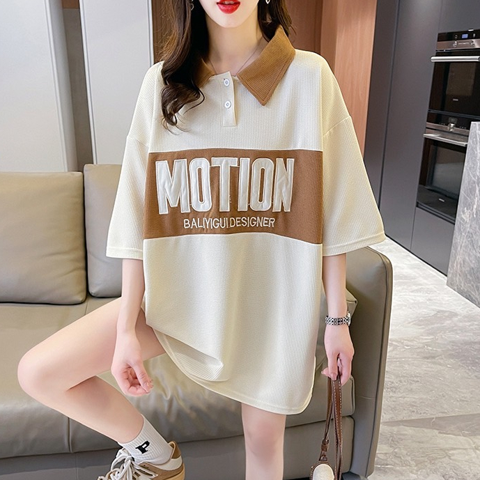 เสื้อแขนสั้น Oversize (อก 48-60 นิ้ว) เสื้อคอปก งานปัก MOTION ผ้าวาฟเฟิล สินค้าพร้อมส่งในไทย A25