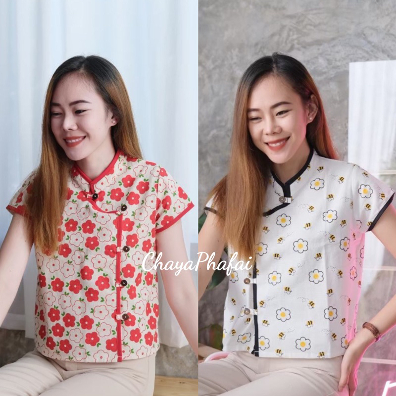เสื้อผ้าฝ้ายคอจีนแขนสั้นพิมพ์ลายกุ๊นขอบ แต่งกระดุมกะลา