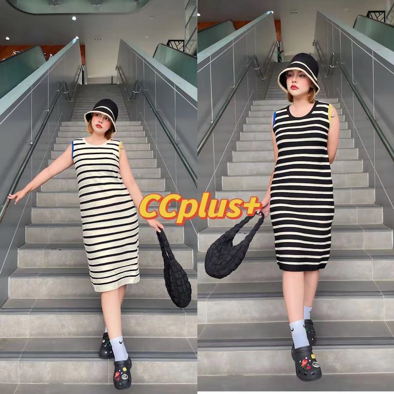 CiCi Plus+ SALE(1249)Plus size+ เดรสแขนกุด ดีเทลแต่งแทบสีตรงแขน ทรงสวย สาวอวบไม่ควรพลาด