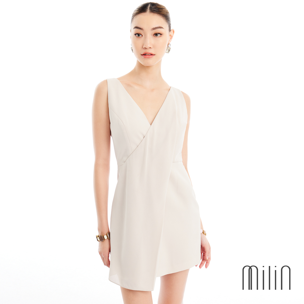 [MILIN] Dashing Front Drape Detail Polyester Sleeveless Dress เดรสแขนกุดคอวีจับจีบป้ายด้านหน้า / MLN