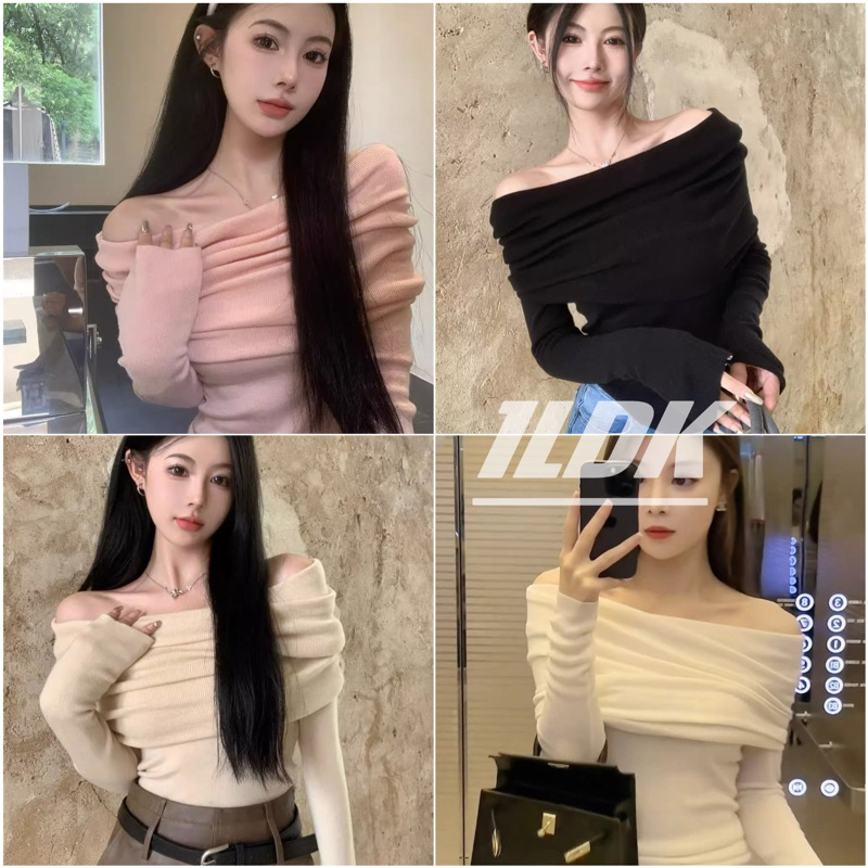 1LDK พร้อมส่ง เสื้อไหมพรม ปาดไหล่ แขนยาว ครอบสั้นผ้านิ่ม(95148)