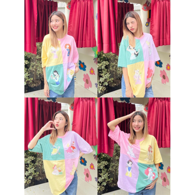 ꙳⸌☻ັ⸍꙳ KANCHA STUDIO ꙳⸌☻ັ⸍꙳ เสื้อยืด Oversize ผ้าตัดต่อ 4ช่อง สกรีนลาย Disney Princess 👑 สีพาสเทลโซคิ้วททท์~
