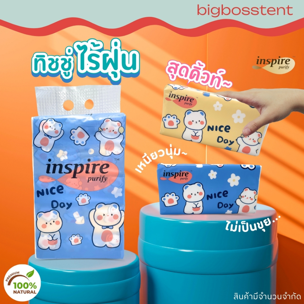 ทิชชู่ กระดาษเช็ดหน้า Tissue inspire ลาย Nice Day เกรดพรีเมียม ซอฟท์ ทิชชู่หนา 3 ชั้น ( 1 หิ้ว 5 ห่อ ) 240แผ่น