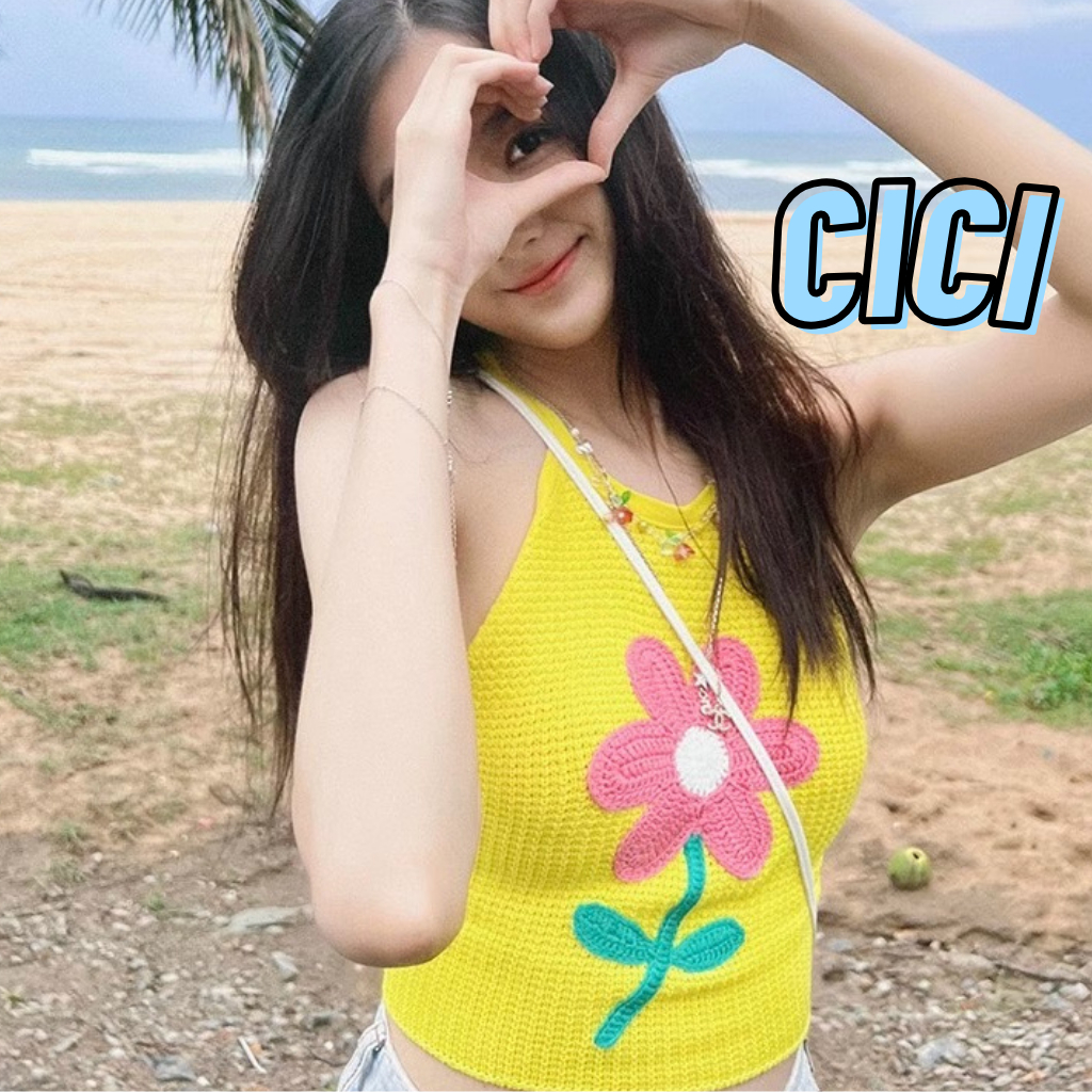 ส่งทันที Cici(NO. 83193)เสื้อครอปสายเดี่ยวไหมพรมผ้าถัก สีสันสวยงาม ปักดอกไม้เก๋ๆ เหมาะกับสาวทุกสไตล์