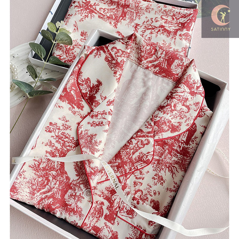 CK7ชุดนอน Satinnyสินค้าพร้อมแพ็คเกตแบบกล่อง ผ้าSilk Satin แขนยาว-ขายาว ใส่ระบายอากาศ สไตล์เจ้าหญิง เรียบหรู แฟชั่น
